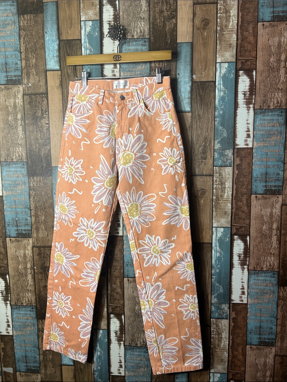 Peach Daisy Print straight leg  Jeans